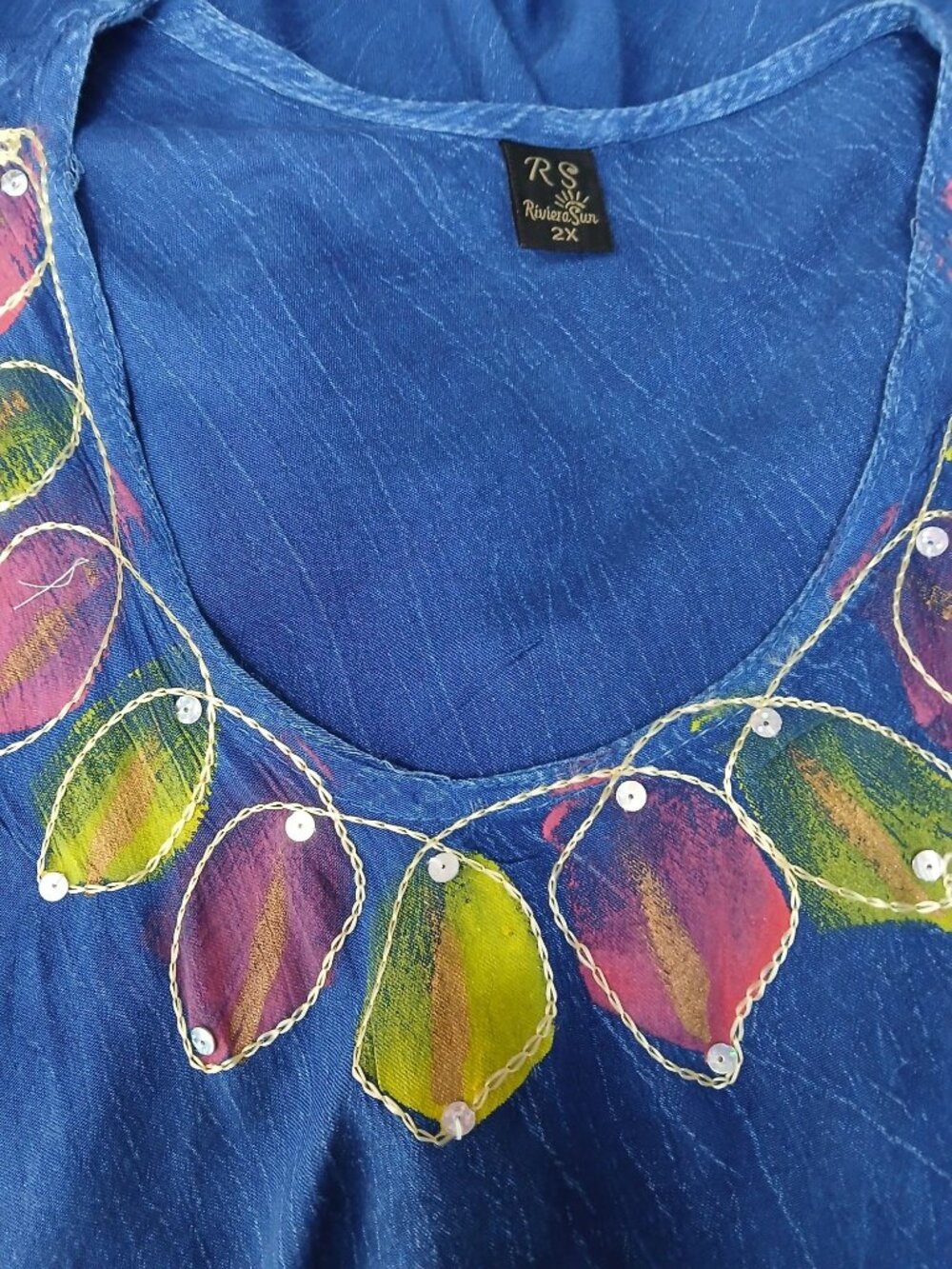 Riviera Sun Blue Hand Painted Floral Sleeveless Dress Size 2X Sequins Beachy - Picture 6 of 11